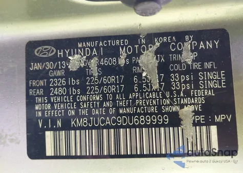 2013 Hyundai Tucson Gls from USA, damaged, VIN KM8JUCAC9DU689999